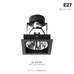 TSP-SL-6-B-667  โคมดาวไลท์ ฝังฝ้า เหลี่ยม E27 ขอบดำ 15.3X15.3 cm. รีเฟล็กซ์เงาเรียบ (ปรับระดับขั้วได้)