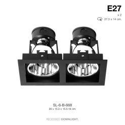TSP-SL-6-B-668 โคมดาวไลท์ ฝังฝ้า เหลี่ยม E27 ขอบดำ 15.3X29cm. รีเฟล็กซ์เงาเรียบ (ปรับระดับขั้วได้)