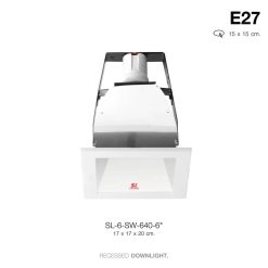 TSP-SL-6-SW-640 6" โคมดาวไลท์ 6″ ฝังฝ้า เหลี่ยม ขอบขาว E27 รีเฟลกซ์เงาเรียบ