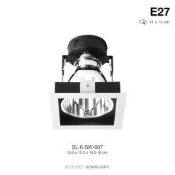 TSP-SL-6-SW-667  โคมดาวไลท์ ฝังฝ้า เหลี่ยม E27 ขอบขาว 15.3X15.3 cm. รีเฟล็กซ์เงาเรียบ (ปรับระดับขั้วได้)