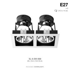TSP-SL-6-SW-668 โคมดาวไลท์ ฝังฝ้า เหลี่ยม E27 ขอบขาว 15.3X29cm. รีเฟล็กซ์เงาเรียบ (ปรับระดับขั้วได้)