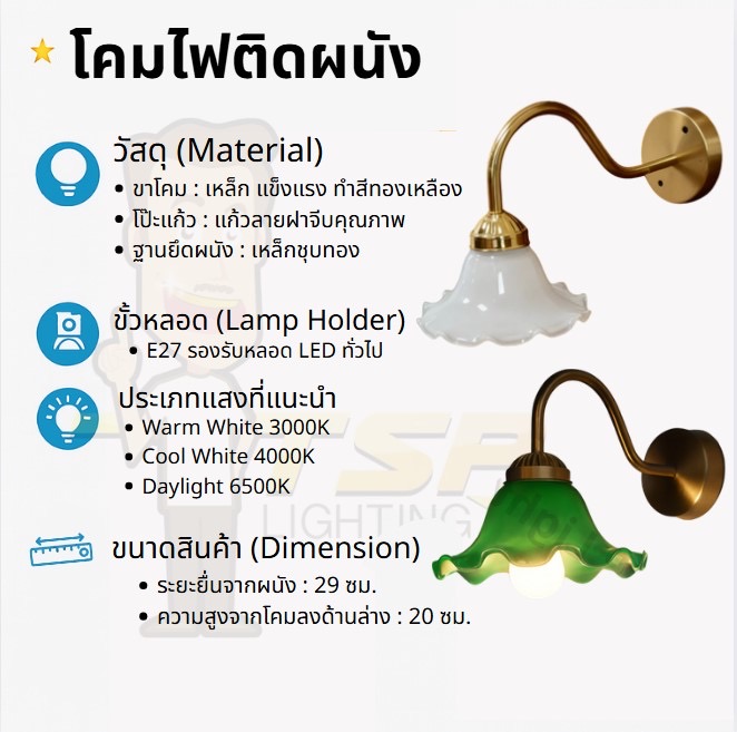 โคมไฟติดผนังขาเหล็กชุปสีทองแก้วโบราณ TSP