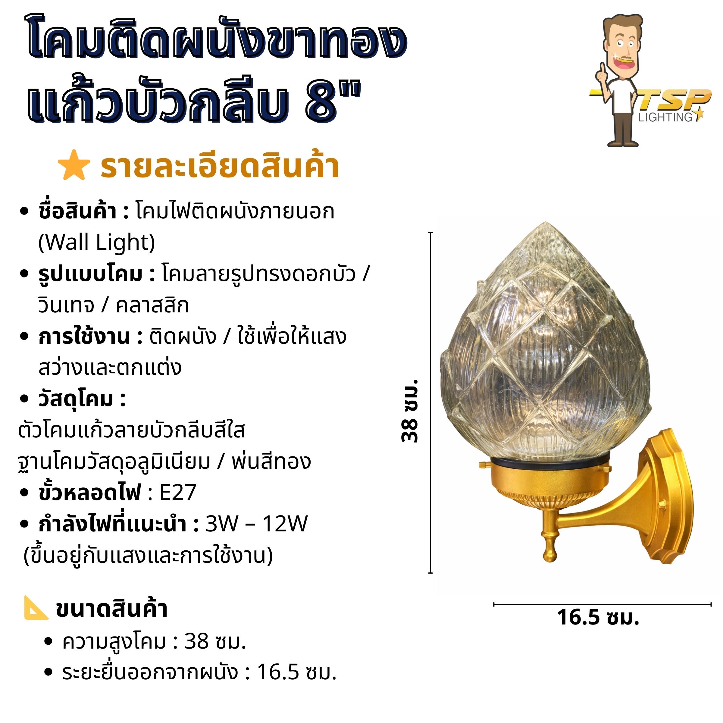 โคมไฟผนังขาสีทองแก้ว8นิ้วบัวกลับสีใสTSP