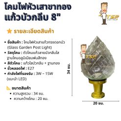 โคมไฟหัวเสาขาสีทองแก้ว8นิ้วบัวกลีบสีใสTSP