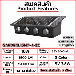 โคมไฟโซล่าเซลล์ติดผนัง4หัวเปิดได้3แสงTSP